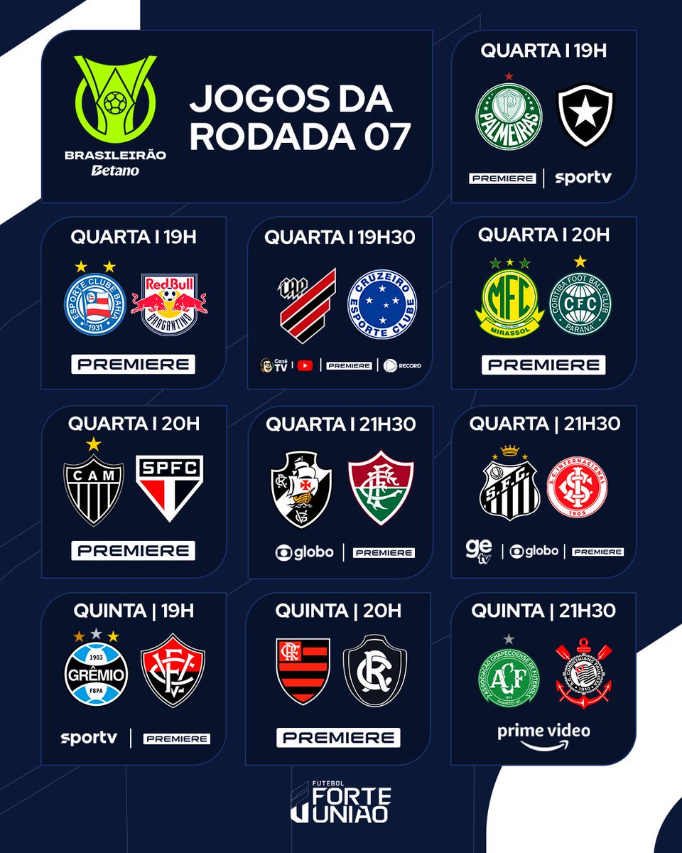 JÁ VEM MAIS UMA POR AÍ! 😮‍💨
O meio de semana tá recheado de jogão! Se liga em todas as informações da 7ª rodada! 

#ForteUnião #Brasileirão
