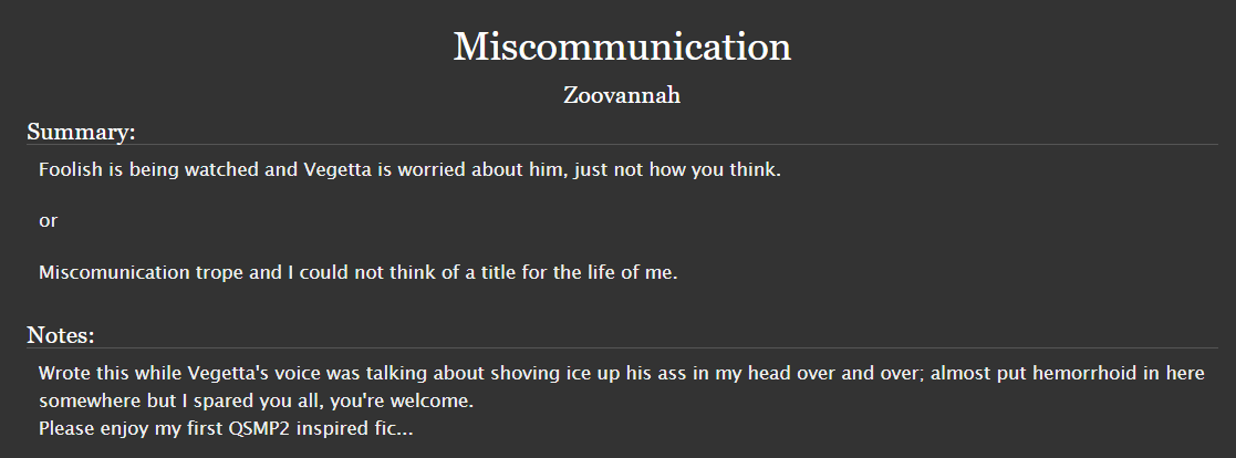 💛💜First Q*SMP*2 fic...💛💜
Miscomunication
Almost 3k words, oneshot of both #Fooligetta POVs
Had fun with the tags, you should read those too.
archiveofourown.org/works/81345031