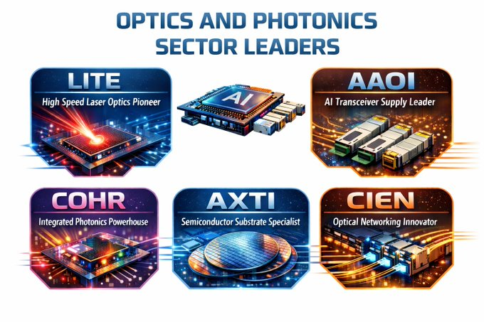 StonkValue's tweet photo. Just today, $NVDA CEO Jensen Huang mentioned, $NVDA will scale AI systems using optics.

Top companies that develop optical technologies that are set to be winners in next generation AI cycle-

1. $LWLG - Electro-Optic Polymer Lead
2. $LITE - High Speed Laser Optics Leader
3. $AAOI - AI Transceiver Supply Leader 
4. $COHR - Integrated Photonics Powerhouse 
5. $AXTI - Semiconductor Substrate Specialist 
6. $CIEN - Optical Networking Innovator

Bookmark this post for later!