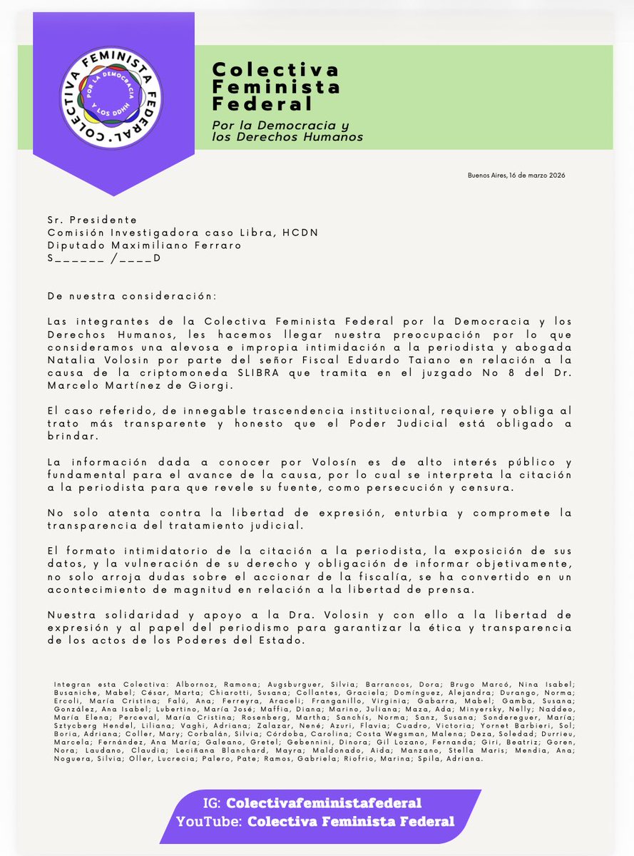 “.La información dada a conocer por Volosin es de alto interés público y fundamental para el avance de la causa (…).

No solo atenta contra la libertad de expresión, enturbia y compromete la transparencia del tratamiento judicial.

Nuestra solidaridad y apoyo a la Dra. Volosin.”