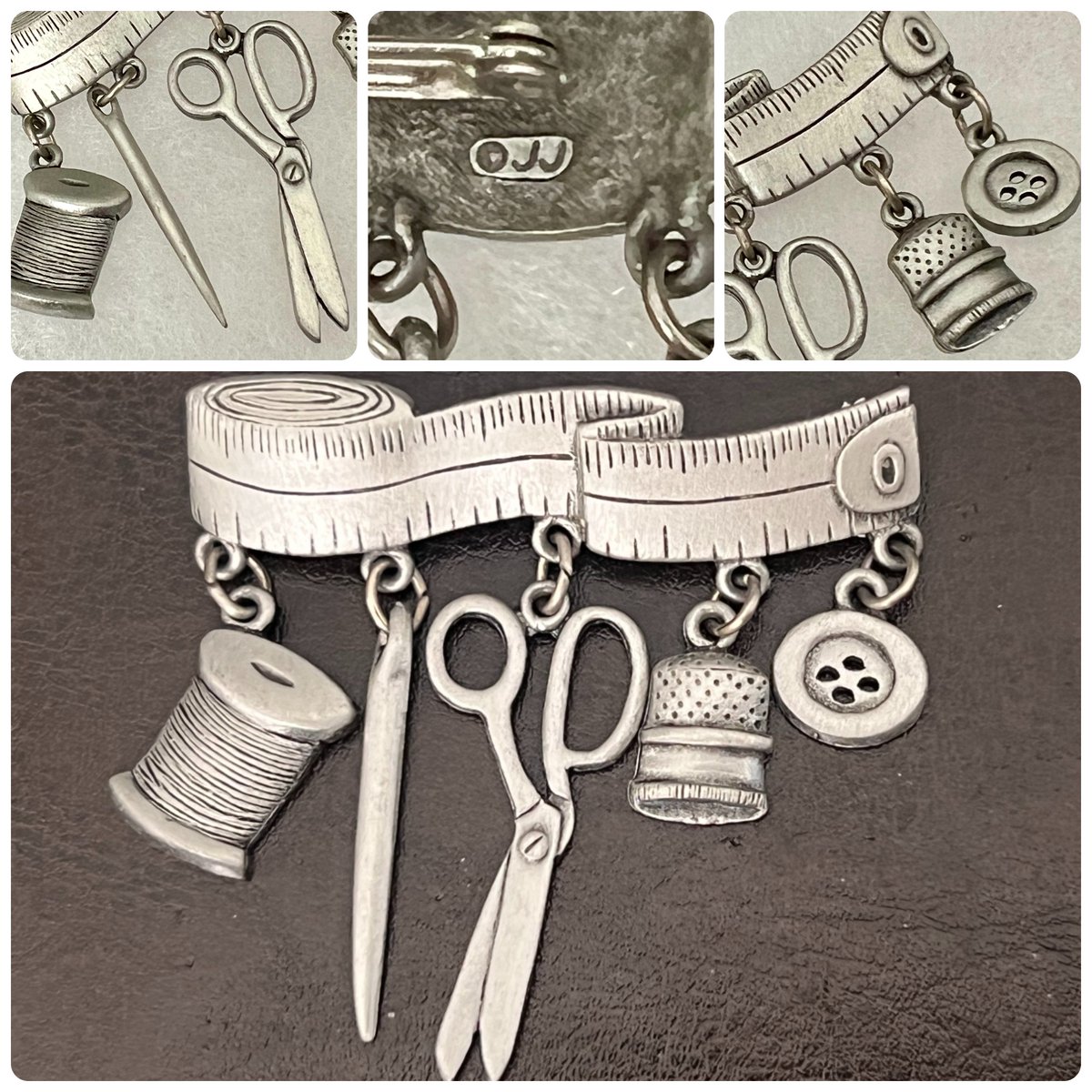 TeriE's tweet image. Vintage #TapeMeasure Brooch w #Sewing #Charms Signed JJ Silver Tone Lapel Pin #vintage80s ebay.us/m/favJNd 

#vintagejewelryforsale #JJonette #vintagedesignerjewelry #broochesandpins #broochoftheday #uniquejewelry #kitschy #lapelpin #vintagefashion #broochaddict #sewing