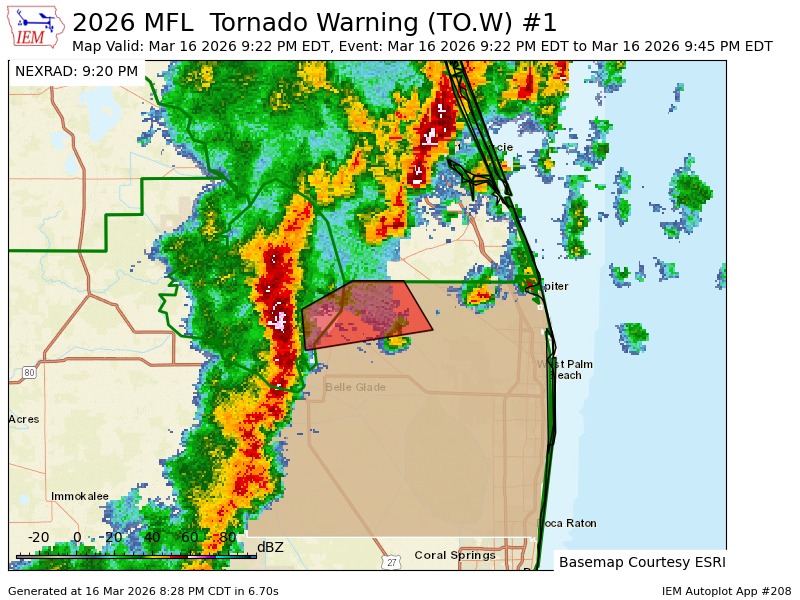 PompanoWeather's tweet photo. MFL issues Tornado Warning [tornado: RADAR INDICATED, hail: <.75 IN] for Palm Beach [FL] till 9:45 PM EDT https://t.co/WJkhaplFPf https://t.co/WRM37kf7he