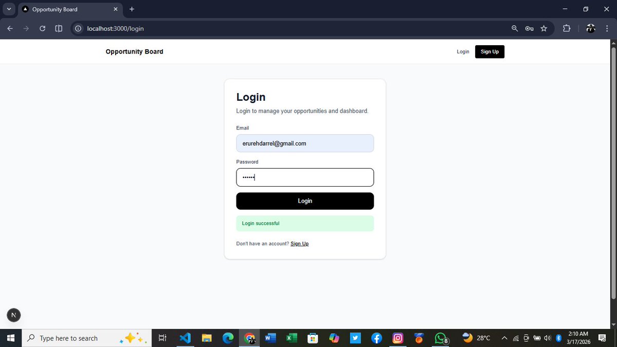 darrelbuilds's tweet photo. Phase 3 ✅

Signup, login, dashboard, logout, JWT auth all working.

Next: Phase 4 — Admin Opportunity Management 🚀 https://t.co/pshFfbvzEr