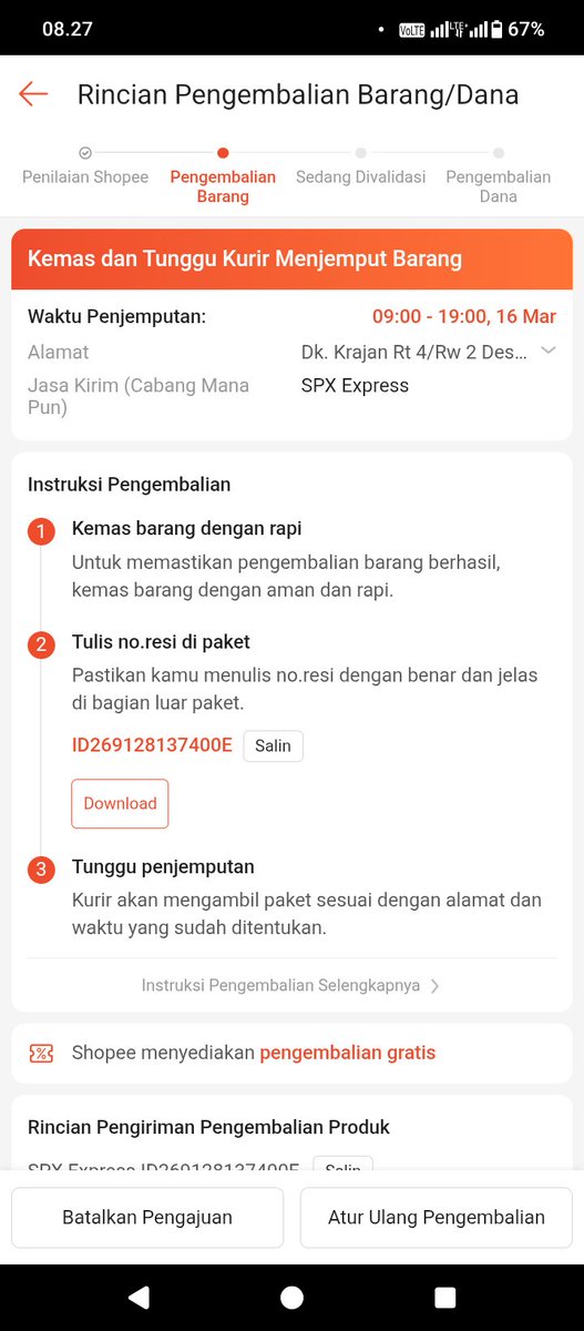 ROBERTINOSHIGH's tweet image. Ini gimana pengembalian barang/dana sudah diajukan dari tanggal 15 Maret 2026, barang sudah saya packing tapi tidak ada kurir yang menjemput. 

#shopeeindonesia #spxexpress #shopeeid #shopee #kurir #pengembalianbarang #spx

@ShopeeCare @ShopeeID @ShopeePay_ID