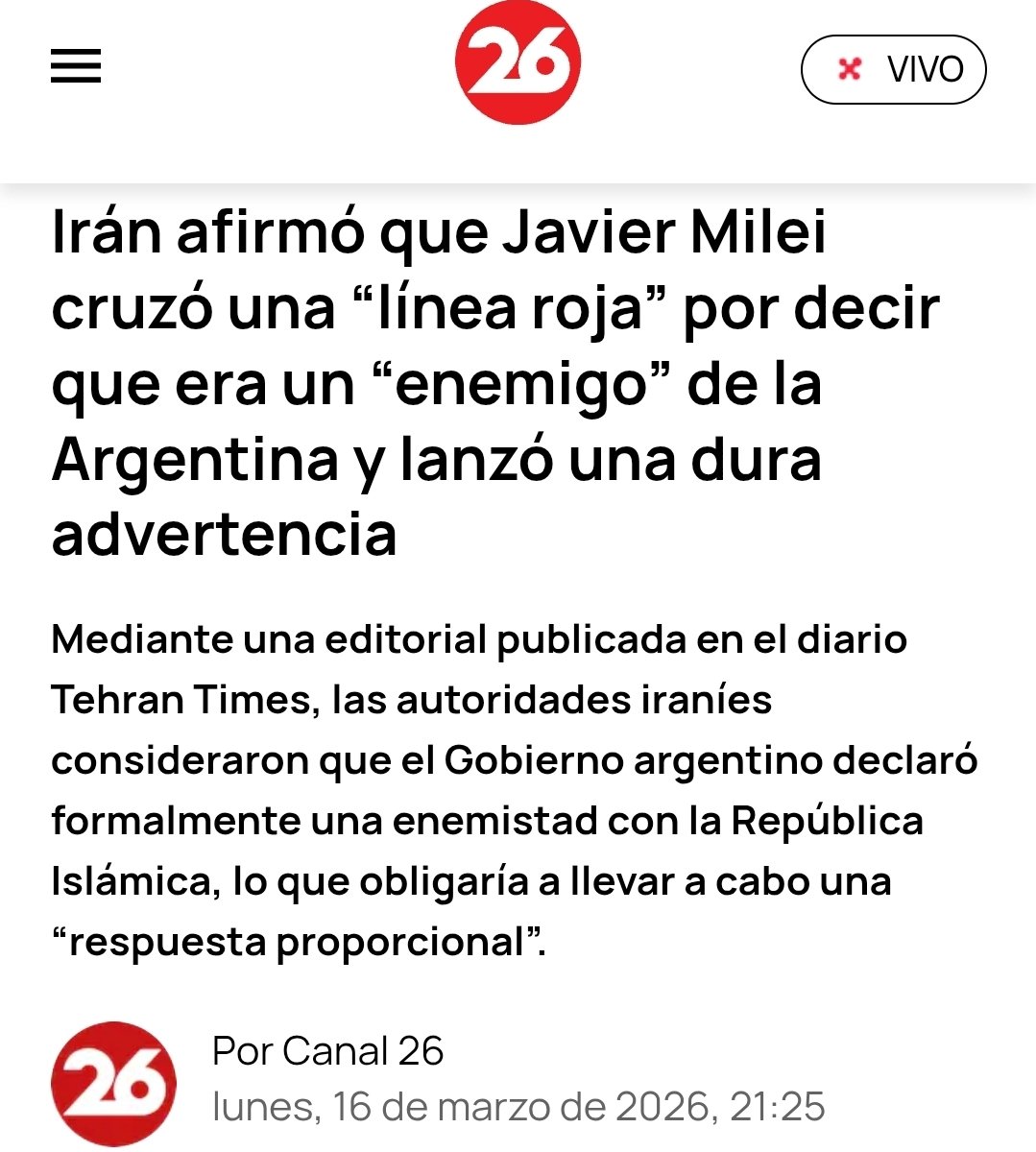 Milei escala el conflicto con Irán en un momento en que ni las potencias europeas quieren ir a una confrontación directa con Teherán.
Desde ese país ya hablan de "línea roja" y de una posible respuesta.
El Congreso debe actuar: la Argentina está entrando en una zona de riesgo