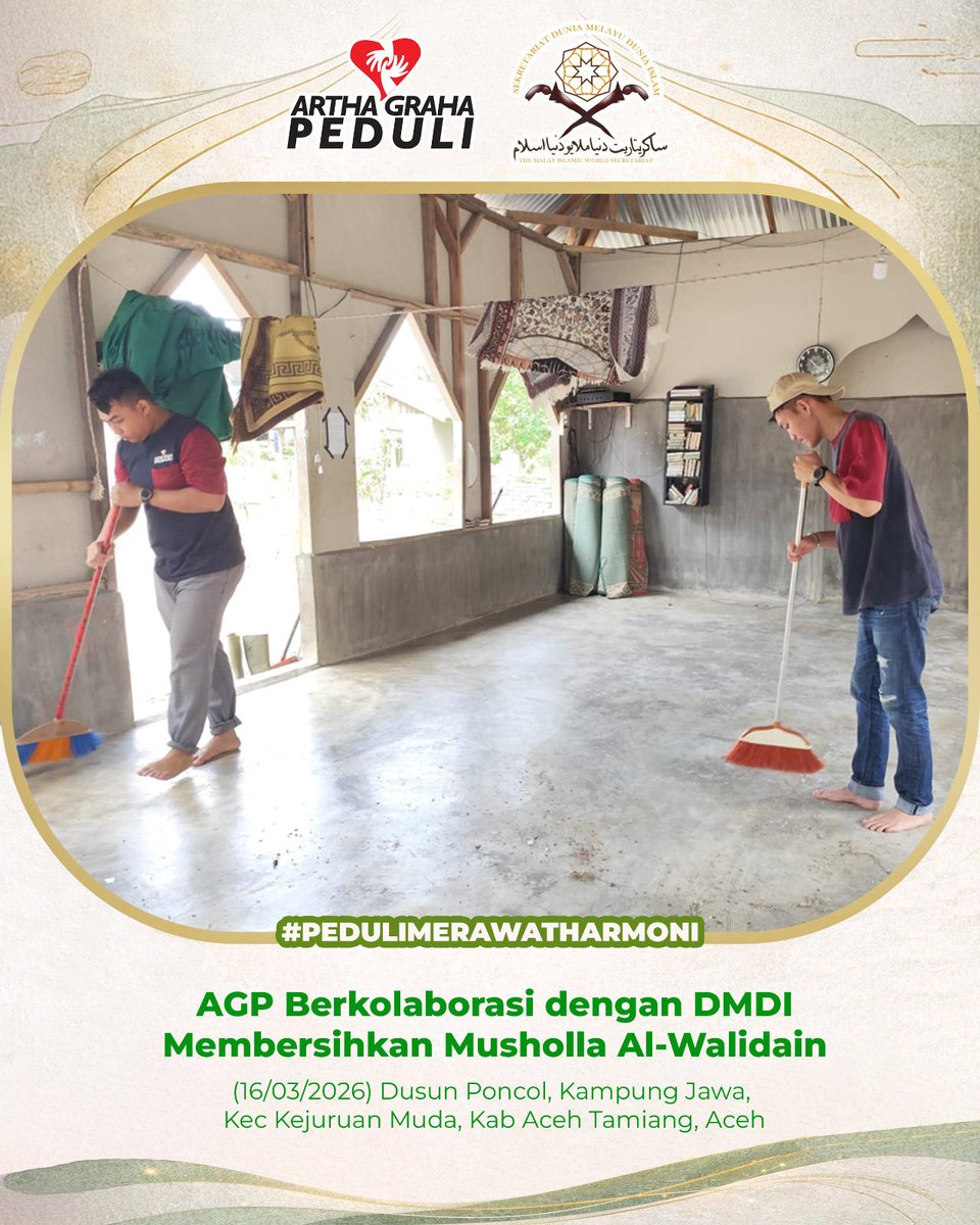 cyenz_'s tweet photo. Kegiatan AGP &amp; DMDI (Senin 16/03/2026) membersihkan Musholla Al-Walidain di Dusun Poncol, Kampung Jawa, Kec. Kejuruan Muda, Kab. Aceh Tamiang, Aceh.
#AGPeduli #ArthaGrahaPeduli https://t.co/KioLdVbKID
