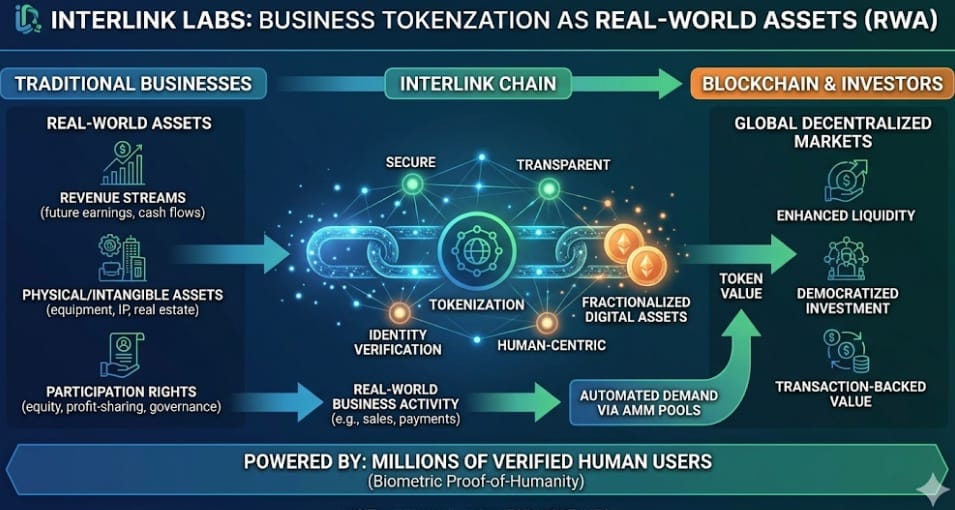 dondapati92's tweet photo. #interlink #itlg #itl 
InterLink Labs is pioneering a human-centric blockchain ecosystem through its InterLink Chain, designed to make cryptocurrency and decentralized technologies accessible to billions of everyday users. With a mission to onboard massive real-world participation—targeting millions of verified humans via biometric proof-of-humanity (like face scanning and liveness detection)—the network emphasizes trust, identity verification, and sybil resistance while powering decentralized applications (dApps), governance, and economic coordination.
One of the most innovative features of the InterLink Blockchain is its support for Business Tokenization as Real-World Assets (RWA). This allows businesses of all sizes to bridge traditional operations with blockchain technology by converting tangible value into digital, tradable tokens.
What is Business Tokenization as RWA on InterLink?
Businesses can tokenize key elements of their operations directly on the InterLink Blockchain, transforming them into Real-World Asset (RWA) tokens. These include:
Revenue streams — Future earnings or cash flows from sales, services, or subscriptions.
Physical or intangible assets — Equipment, inventory, intellectual property, or real estate.
Participation rights — Equity-like shares, profit-sharing, or governance involvement in business decisions.
Once tokenized, these become liquid, fractionalized digital assets that can be traded on decentralized markets. This unlocks new opportunities:
Enhanced liquidity — Businesses gain immediate access to global capital without traditional funding hurdles like loans or VC rounds.
Fractional ownership — Investors worldwide can buy small portions of a business's value, democratizing investment.
Transparent, metric-driven value — Tokens are backed by verifiable real-world performance (e.g., actual transactions and revenue), reducing speculation and aligning incentives with genuine growth.
InterLink's approach stands out through its Transaction-Backed Digital Assets Protocol, which connects real business activity to on-chain liquidity. Real transactions (e.g., payments or sales) can generate automated demand via automated market maker (AMM) pools, creating sustainable value rather than hype-driven trading. This ties digital tokens directly to measurable economic activity, offering investors exposure to "real business, real value."
Why It Matters in the Age of AI and Decentralization
In a world increasingly shaped by AI and digital economies, InterLink Labs positions RWA tokenization as a bridge between traditional businesses and Web3. Businesses—whether small enterprises, startups, or established firms—can leverage the blockchain's security, transparency, and global reach to fund growth, reward stakeholders, and create new revenue models. Meanwhile, verified human users in the InterLink ecosystem (already boasting millions of daily active participants) can engage with these opportunities in a trusted environment.
This feature aligns with InterLink's broader vision of a human-first blockchain that prioritizes privacy, autonomy, and fair participation. By enabling RWAs tied to real-world utility, InterLink is helping redefine how value is created, shared, and traded in the decentralized future.
To explore more about InterLink Labs and how businesses can participate in RWA tokenization, visit the official site at https://t.co/Nl4rImfwEM or dive into their ecosystem apps. The era of tokenized real-world value is here—powered by real humans and real businesses. #InterLink #RWA #Blockchain