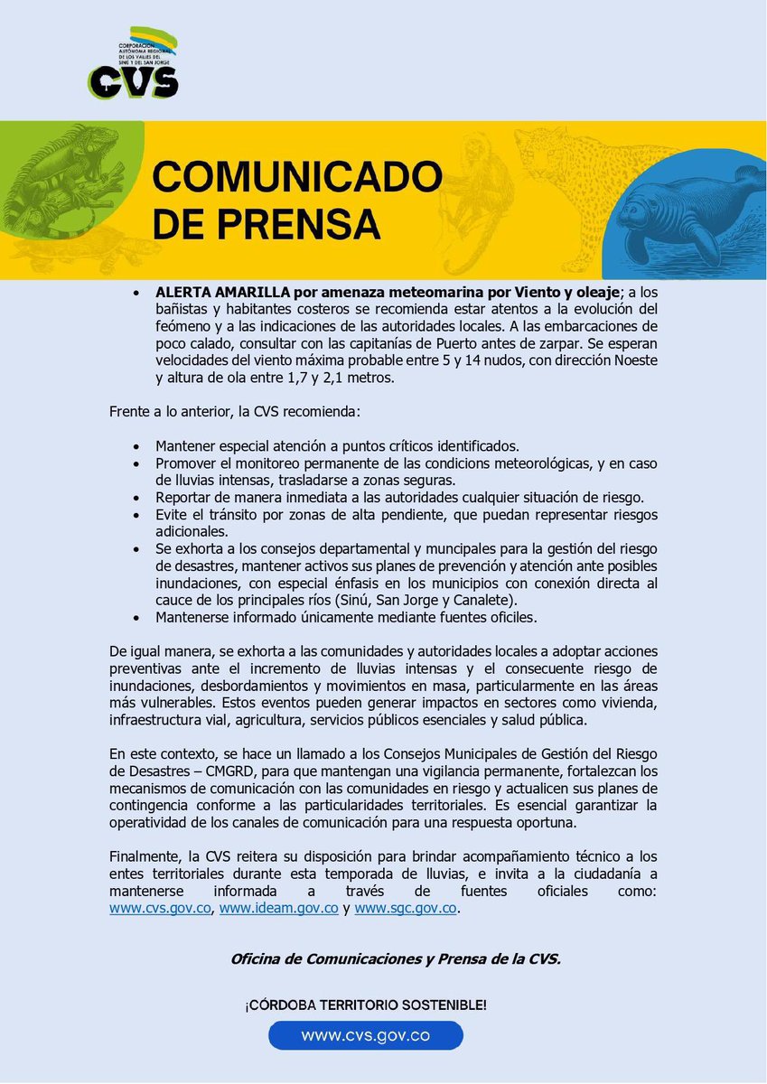 CorporacionCVS's tweet photo. #CVSInforma ⚠️ Según el IDEAM, un frente frío impactaría la Región Caribe los días 18 y 19 de marzo. Se esperan vientos de hasta 14 nudos, oleaje de 2 metros y lluvias intensas en Córdoba.
Más información 👇 https://t.co/dOWixSjRAe