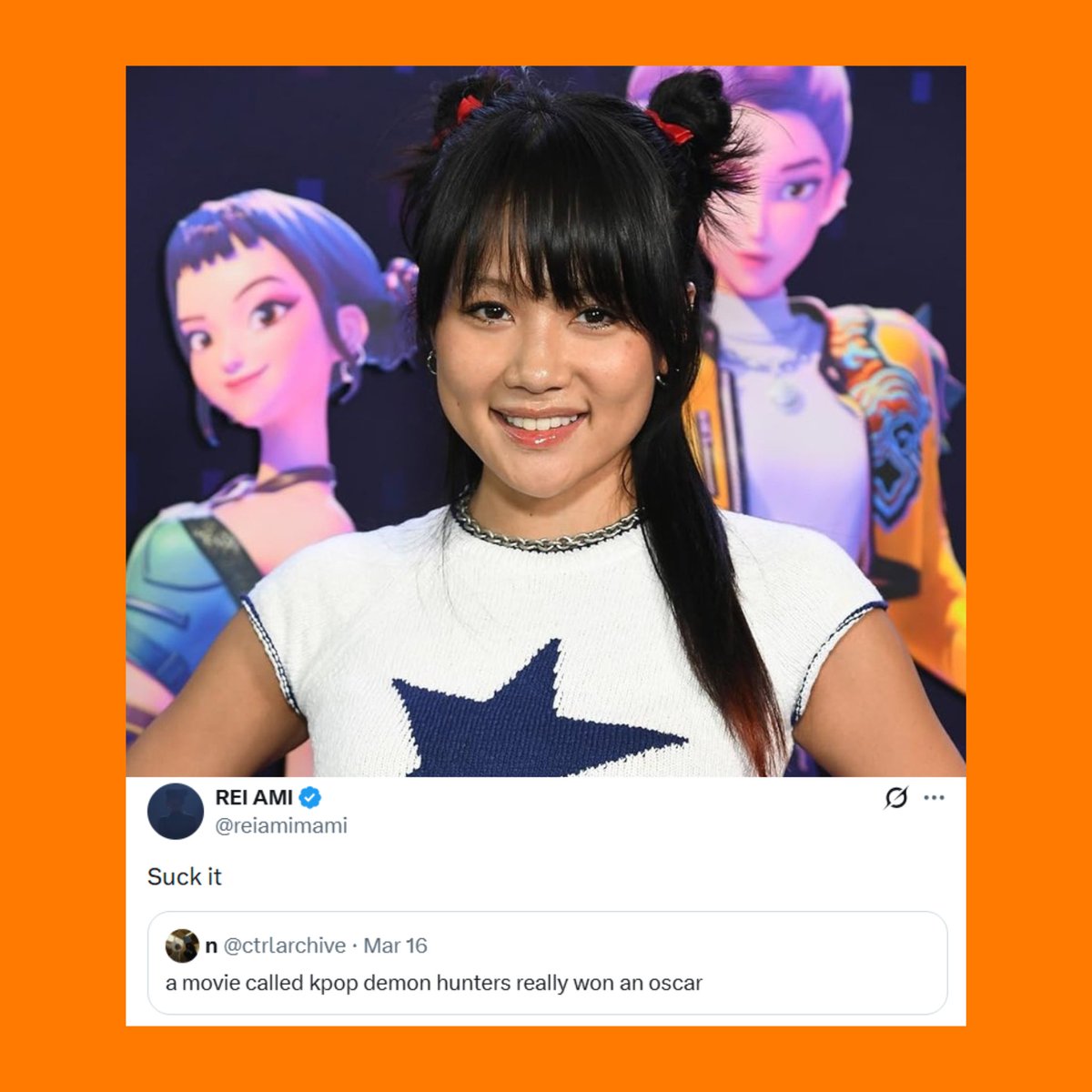 Rei Ami, the singing voice of Zoey responded to a person who complained about the ‘KPop Demon Hunters’ Oscar win:

“Suck it”