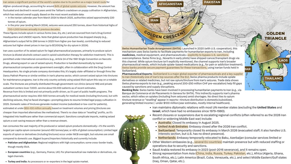A little Iran context

It is very bizarre to me that with all the talk about the "operation" in Iran right now, no one has brought up their role in the global drug trade. 

It is also very obvious that Switzerland has never been a neutral party in any conflict and profits the