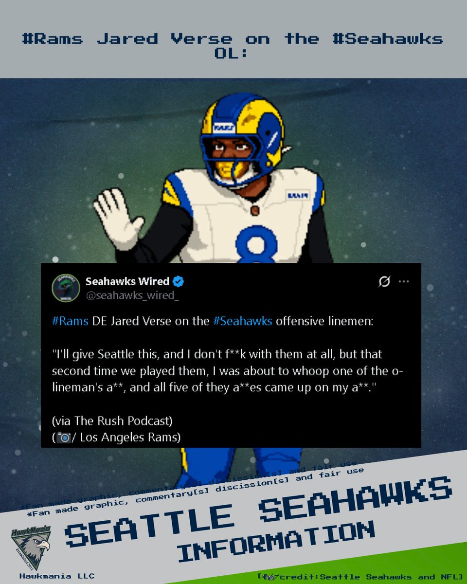 A rare compliment from a rival, #Rams Jared Verse doesn't mess with the #Seahawks OL anymore:

H/T: <a href="/seahawks_wired_/">Seahawks Wired</a>