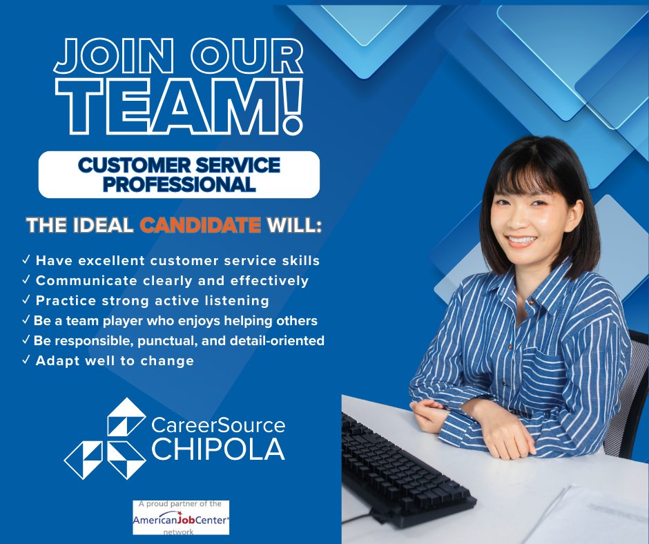 CareerSource Chipola is looking for a motivated and energic professional to join our team!
Visit your local career center to apply today!

Chipley center
757 Hoyt Street, Rm 108
Chipley, FL 32428

Marianna center
4636 Hwy 90, Suite E
Marianna, FL 32446

#HiringNow #CSCWorks