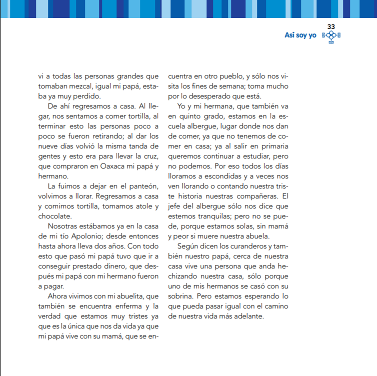En este primer libro "Así soy yo"  en el cuento de Yo soy la huérfana, van a encontrar una historia, en donde la pobreza, el alcoholismo y la muerte y el abandono familiar guían a los niños a decidir que los "grandes capitales" son los que los tienen así. Pero verán que llegara