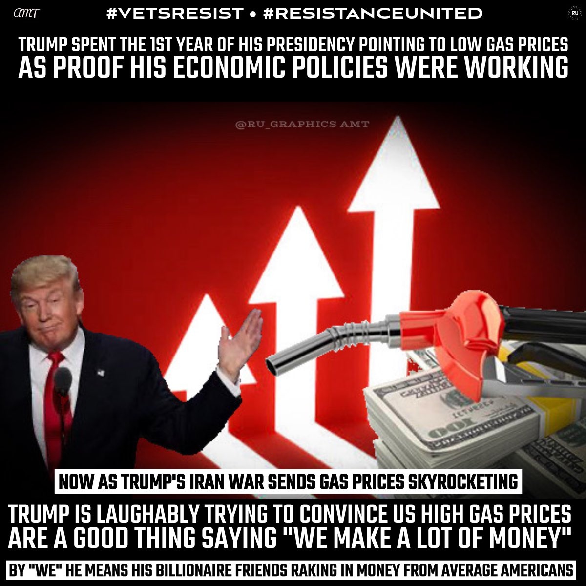 ru_graphics's tweet photo. #ResistanceUnited
Trump bragged about low gas prices under his economic policies proved they were working.
Now he claims the high gas prices are good because oil &amp; gas corporations &amp; investors were making a lot of money.
The nonwealthy people only know that gas is not affordable. https://t.co/c11Th7l582