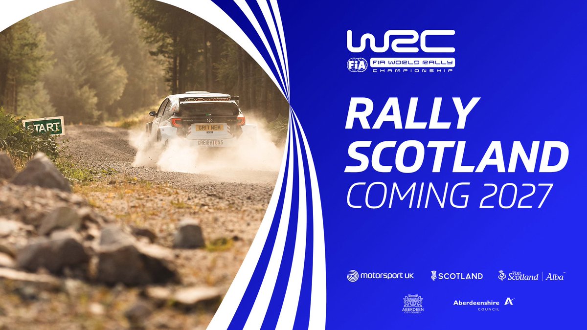 WRCScotland's tweet photo. Yes! You did read that right! 
The @OfficialWRC is coming back to the UK!

Are we going to bed happy tonight rally fans? A huge thanks to the following for making this all happen 🤝

Scotland
@VisitScotland
@AberdeenCC 
@Aberdeenshire 
@ourmotorsportuk 

#WRC #RallyScotland https://t.co/TgBYVArYda