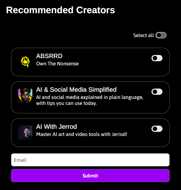 Recommended creators UI mock