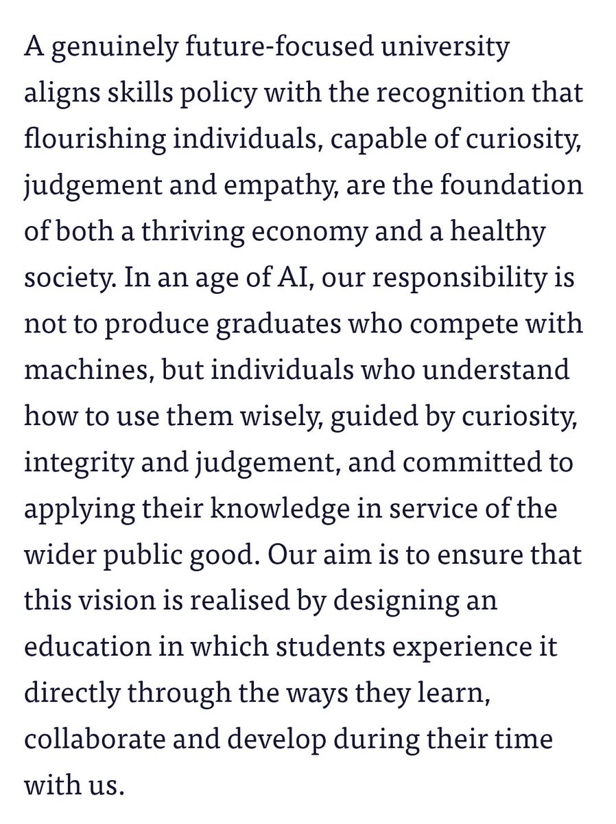 Sobre el lugar de la IA en la educación universitaria: hasta ahora he leído muy pocos planteamientos tan acertados como este de Tom Harrison, director del <a href="/JubileeCentre1/">Jubilee Centre</a> y vicerrector de <a href="/unibirmingham/">Uni of Birmingham</a>. Ponen el foco en la persona, no en la tecnología. wonkhe.com/blogs/to-help-…