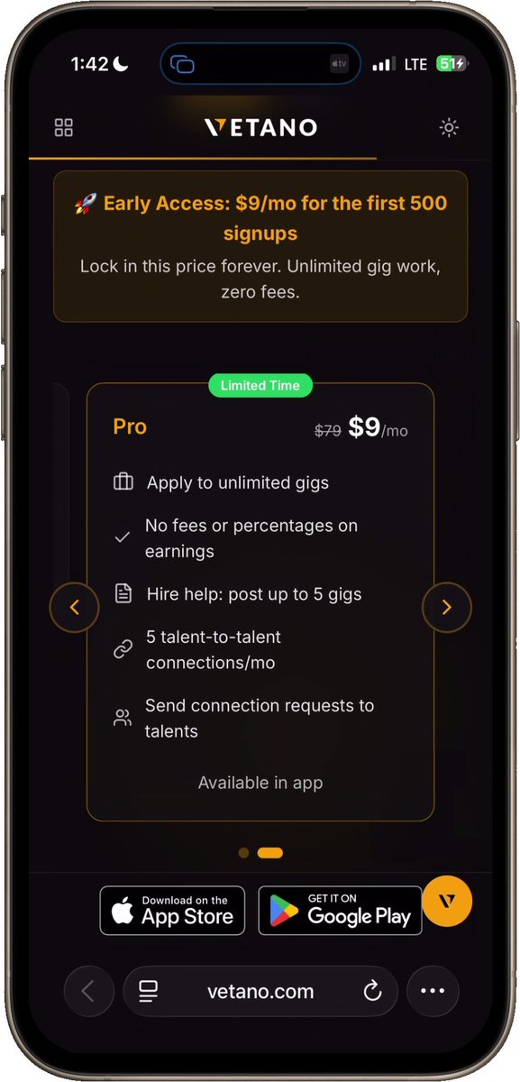 getvetano's tweet photo. We just launched early access pricing for Vetano Pro.

Applying to jobs on Vetano is always free.

The first 500 signups can lock in Vetano Pro for $9/month — forever.

- apply to unlimited gigs
- keep 100% of what you earn
- post up to 5 gigs/month for others to apply to
- make talent-to-talent connections

Go to https://t.co/0aLayWXPLe, download the app, create your profile, and post videos proving your skills.

Every user and business on Vetano is ID verified.

If you’re looking for work, gigs, or extra income — or know someone who is — now is a good time to get in early.

Vetted Talent. Now.