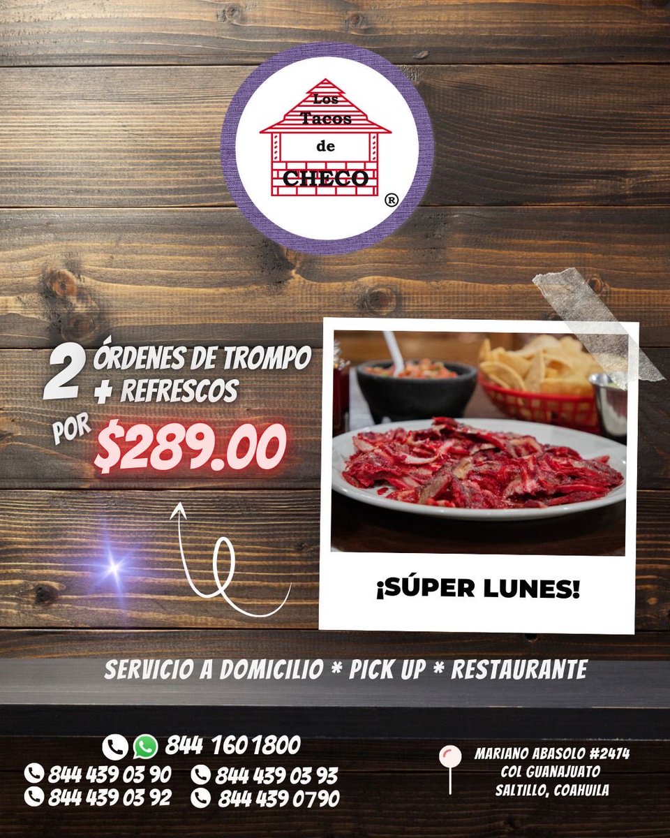 ¡Hoy #FelizLunes! 🤩 Desde las 6:00 p.m. aprovecha la promoción de #SúperLunes con 2 órdenes de trompo + 2 refrescos.

📲 8441601800 
🚘 Servicio a domicilio, Pickup y Restaurante. #Saltillo

¡Llámanos y nosotros vamos por tu antojo! 🌮🔥 😋
