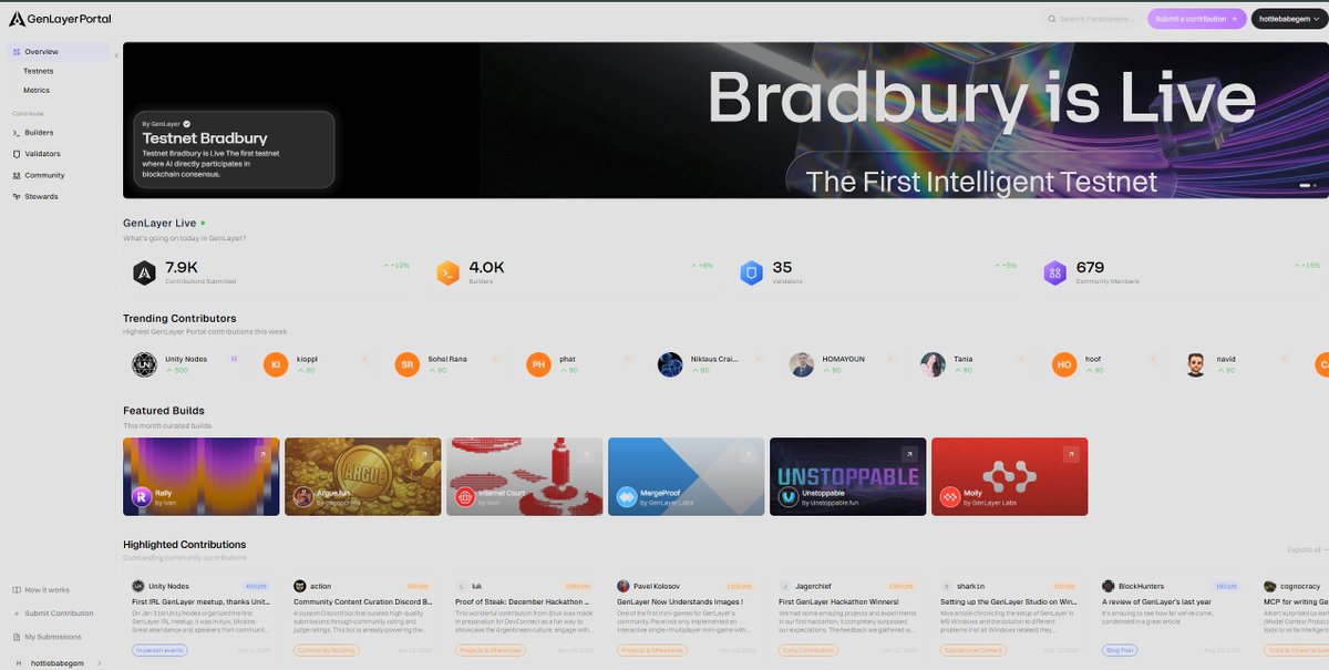 GenLayer Portal is Live! <a href="/GenLayer/">GenLayer</a> 

✨  Explore apps, complete missions to earn Points and track your rank on a leaderboard. Points are limited  and Early users have an advantage.

✨ 3 ways to Contribute:
1. Builders - Write smart contracts and develop dApps.

2. Validators -