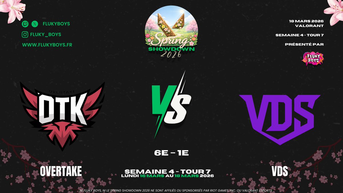 FlukyBoys's tweet photo. SPRING SHOWDOWN 2026 - ANNONCE DES MATCHS
🏆CHAMPIONNAT - SEMAINE 4 - TOUR 7
📅16/03-18/03/2026
👓https://t.co/F6BbPSj49D
🖥️https://t.co/3ukTQON8J5
#SPRINGSHOWDOWN2026 #ESPORT #VALORANT #GAMING https://t.co/waA2MnU9da
