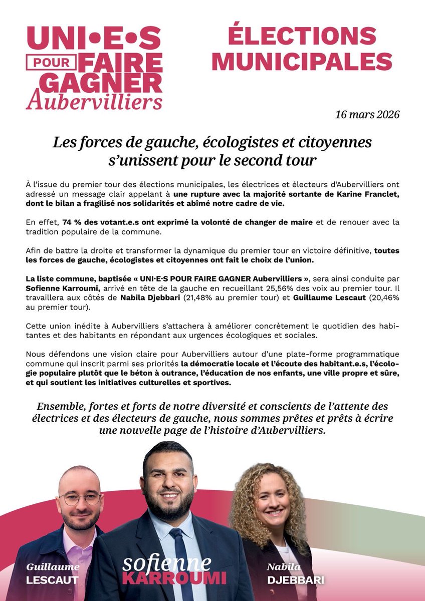 🔴 HIS-TO-RI-QUE ‼️

Je suis très heureux de vous annoncer que la gauche, TOUTE la gauche sera rassemblée au 2ème tour. Dans notre histoire Albertivillarienne, ça n’était quasiment jamais arrivé.

La semaine prochaine, Uni.e.s pour faire gagner Aubervilliers ! 🚀

#aubervilliers