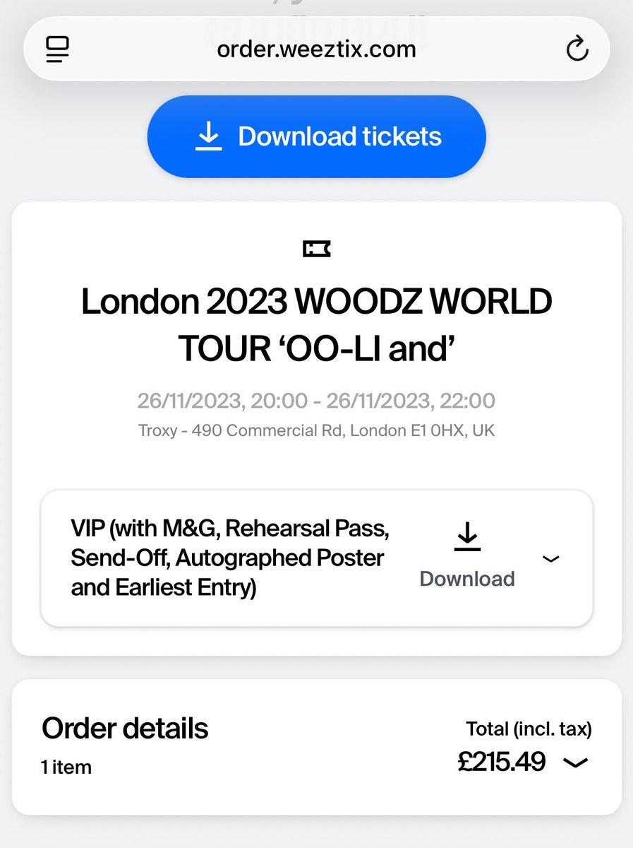 woodzfm's tweet photo. woodz europe tour ticket prices (probably)

frankfurt // berlin

paris will likely be the as 2023, with salle pleyel handling ticket sales &amp; the VIP benefit being sold via. weeztix

london ? no clue but probably weeztix too. (pic for reference of last tours vip benefits + price) https://t.co/l547Syprzn