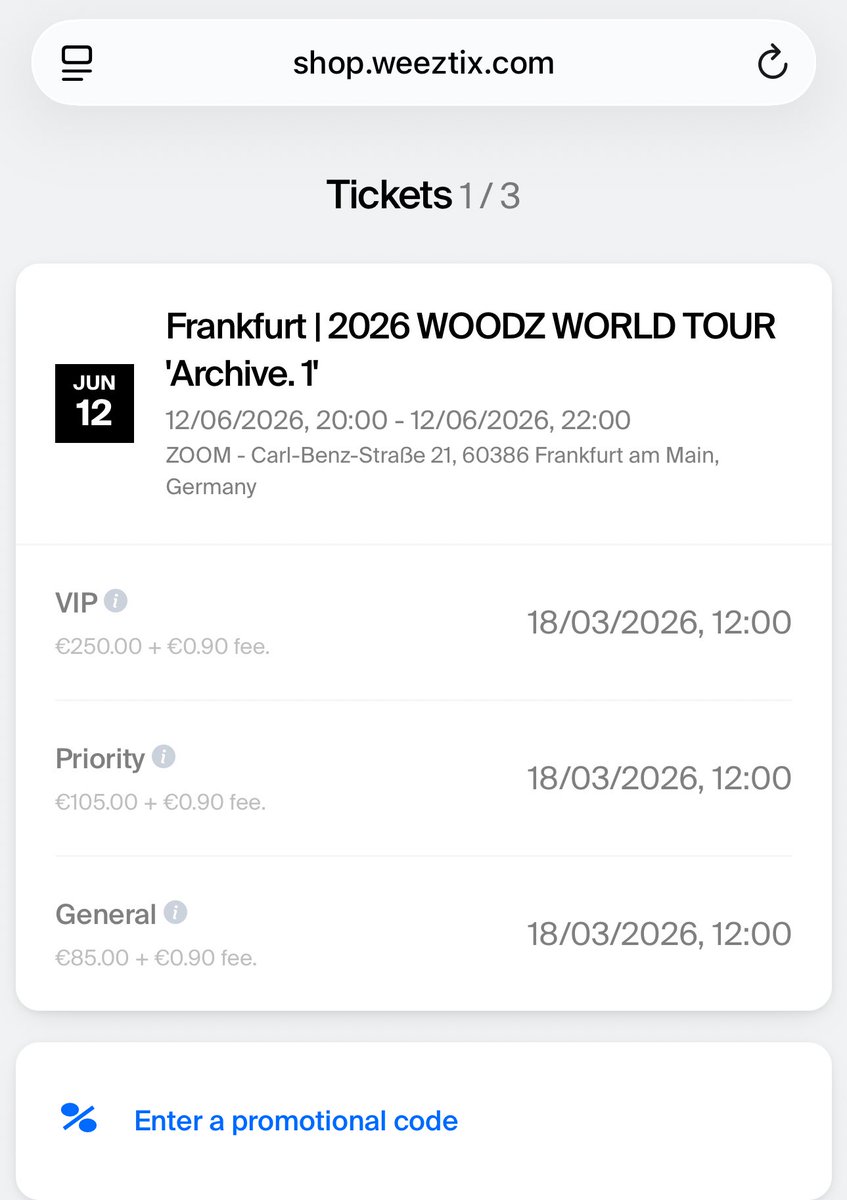 woodzfm's tweet photo. woodz europe tour ticket prices (probably)

frankfurt // berlin

paris will likely be the as 2023, with salle pleyel handling ticket sales &amp; the VIP benefit being sold via. weeztix

london ? no clue but probably weeztix too. (pic for reference of last tours vip benefits + price) https://t.co/l547Syprzn