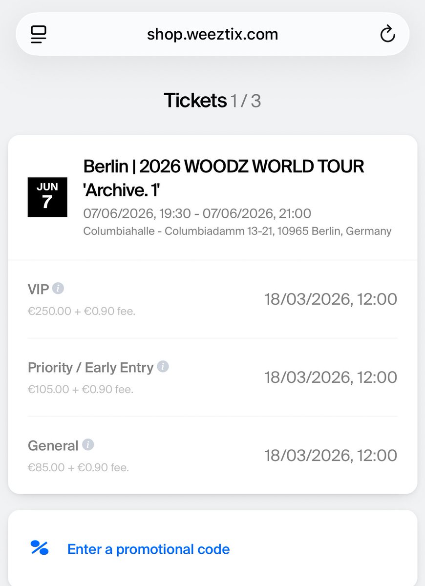 woodzfm's tweet photo. woodz europe tour ticket prices (probably)

frankfurt // berlin

paris will likely be the as 2023, with salle pleyel handling ticket sales &amp; the VIP benefit being sold via. weeztix

london ? no clue but probably weeztix too. (pic for reference of last tours vip benefits + price) https://t.co/l547Syprzn