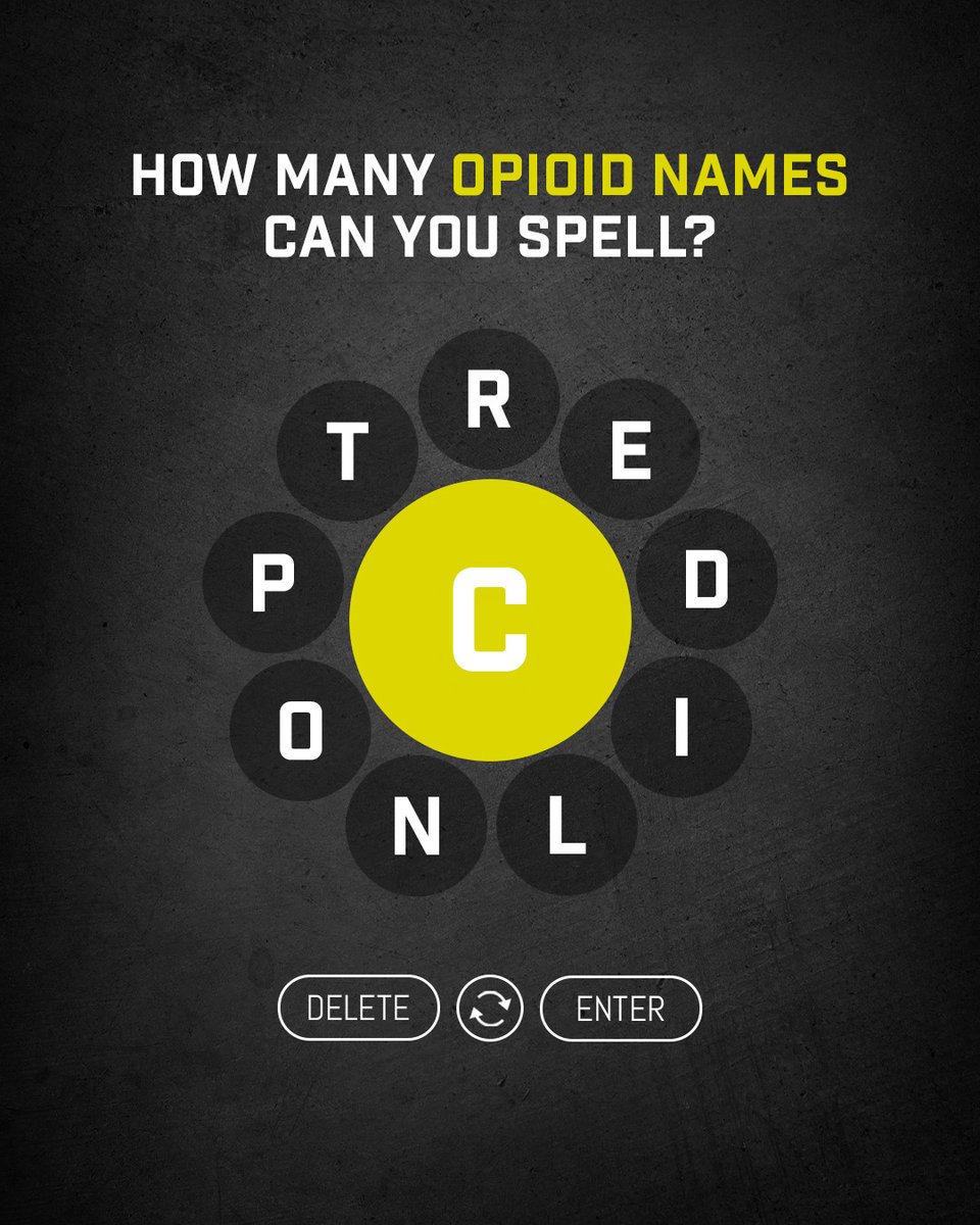 Game time! How many opioid names can you spell with these letters? 🕹️ There are dozens of common prescription #opioids on the market, and many reasons they may be prescribed. Talk to your doctor about all your options for pain management, including #alternatives to opioids.