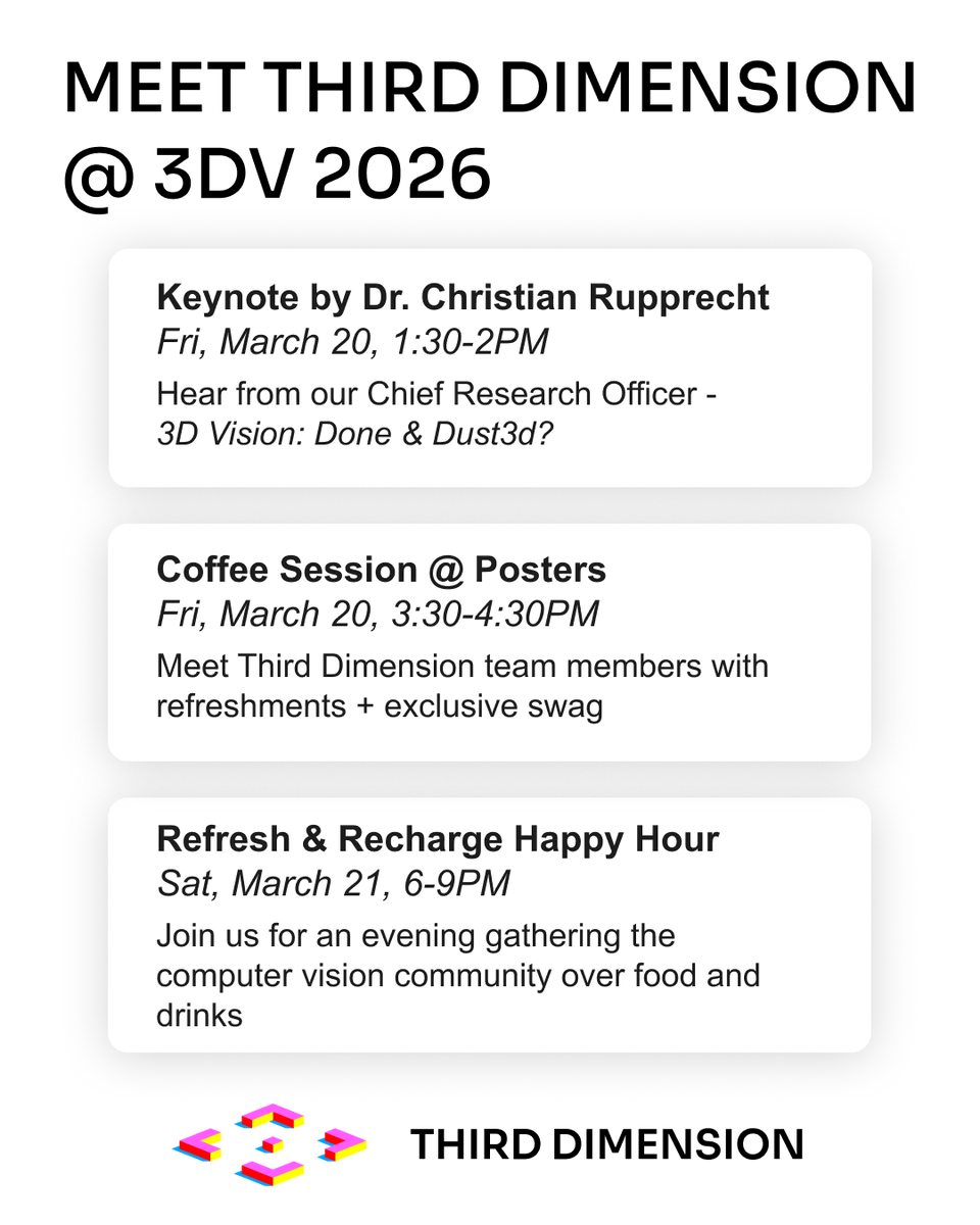 3rddimensionai's tweet photo. We'll be at @3dvconf later this week. Here's where you can find our team.

Join us Saturday evening for Render &amp; Recharge, Third Dimension's gathering for the 3D community.
👉 Space is limited, grab your spot early: https://t.co/tdC9FnQP3S https://t.co/D5UbSwWaZD