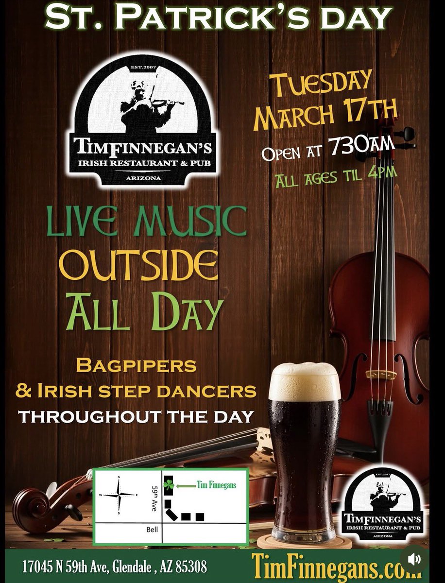 ALEES will gather tomorrow, Tuesday, March 17th at Finnegan's. We will have reserved tables outside. At 12 noon there will begin a $10 cover charge.
Live music all day. Pipes and Drums.  Az Colleen appearance.☘️
At 4 pm 21+, NO re-entry. Clear Bag policy
<a href="/TimFinnegans/">Tim Finnegan's Pub</a>