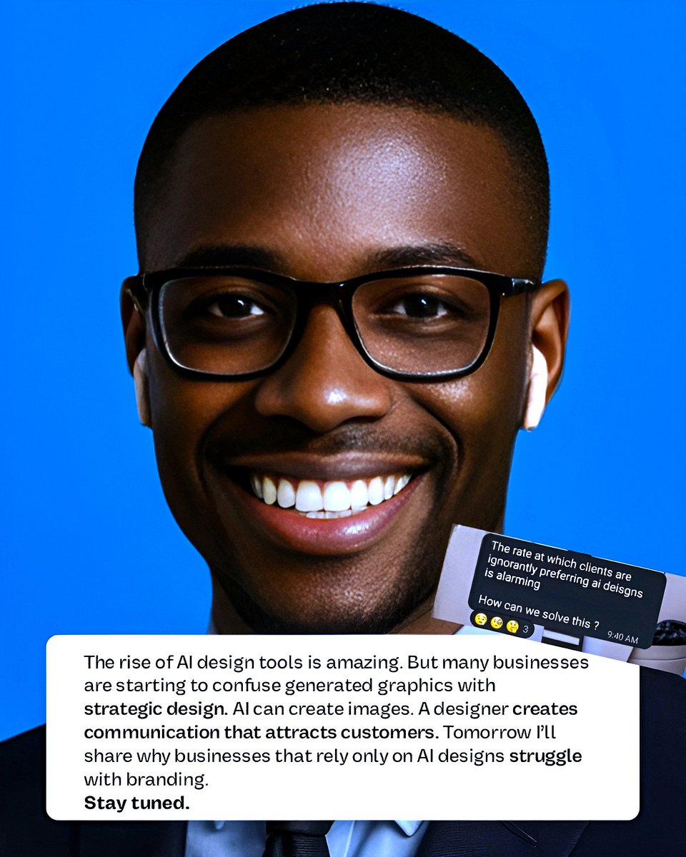 ChiLib303's tweet image. IF AI DESIGN WAS ENOUGH, BRANDS wouldn’t hire designers.
AI can create visuals in seconds, but good design is more than images  it’s strategy, communication, and brand thinking. Many businesses are learning this the hard way.
Tomorrow I’ll explain why. 📌
#CreativeDesigner.