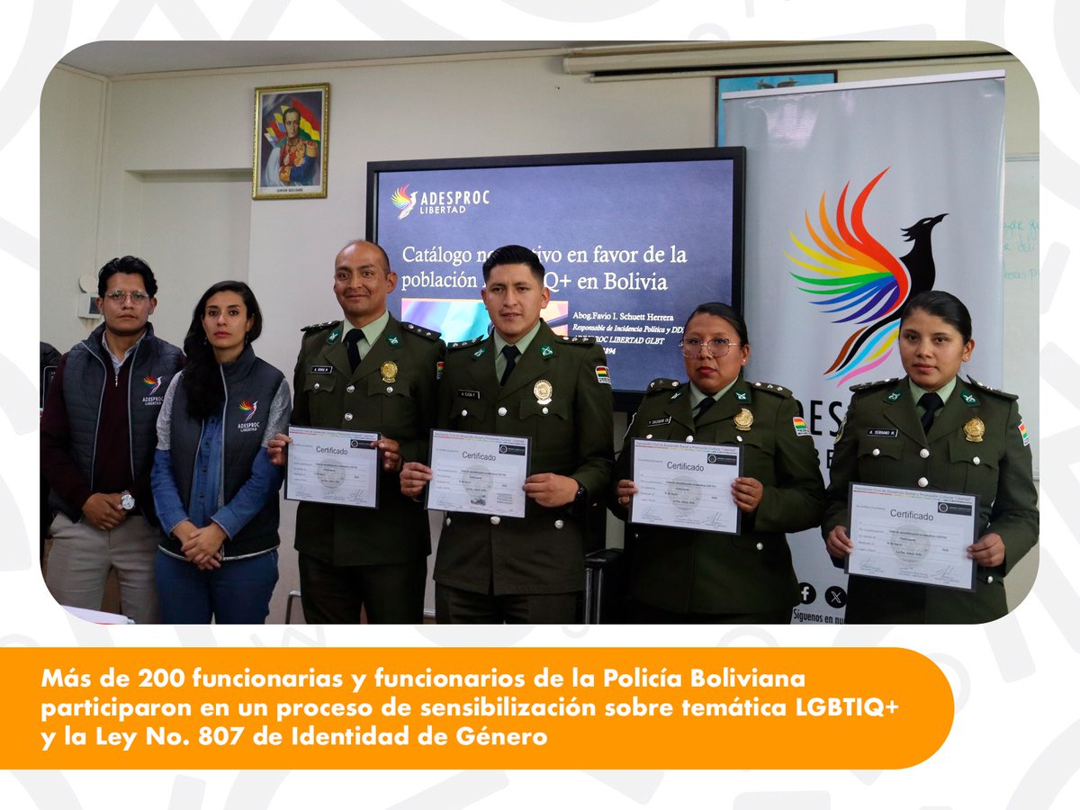 ADESPROC's tweet photo. #UnminutoLGBTIQ | Más de 200 funcionarias y funcionarios de la Policía Boliviana participaron en un ciclo de ocho talleres de sensibilización sobre temática LGBTIQ+ y la Ley No. 807 de Identidad de Género.

🔗 Lee la nota completa aquí: https://t.co/FvL2dO0Cz3 https://t.co/kRCkAPvkpi