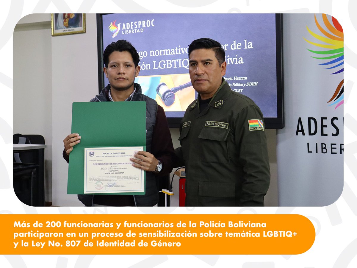 #UnminutoLGBTIQ | Más de 200 funcionarias y funcionarios de la Policía Boliviana participaron en un ciclo de ocho talleres de sensibilización sobre temática LGBTIQ+ y la Ley No. 807 de Identidad de Género.

🔗 Lee la nota completa aquí: acortar.link/yCyMsZ
