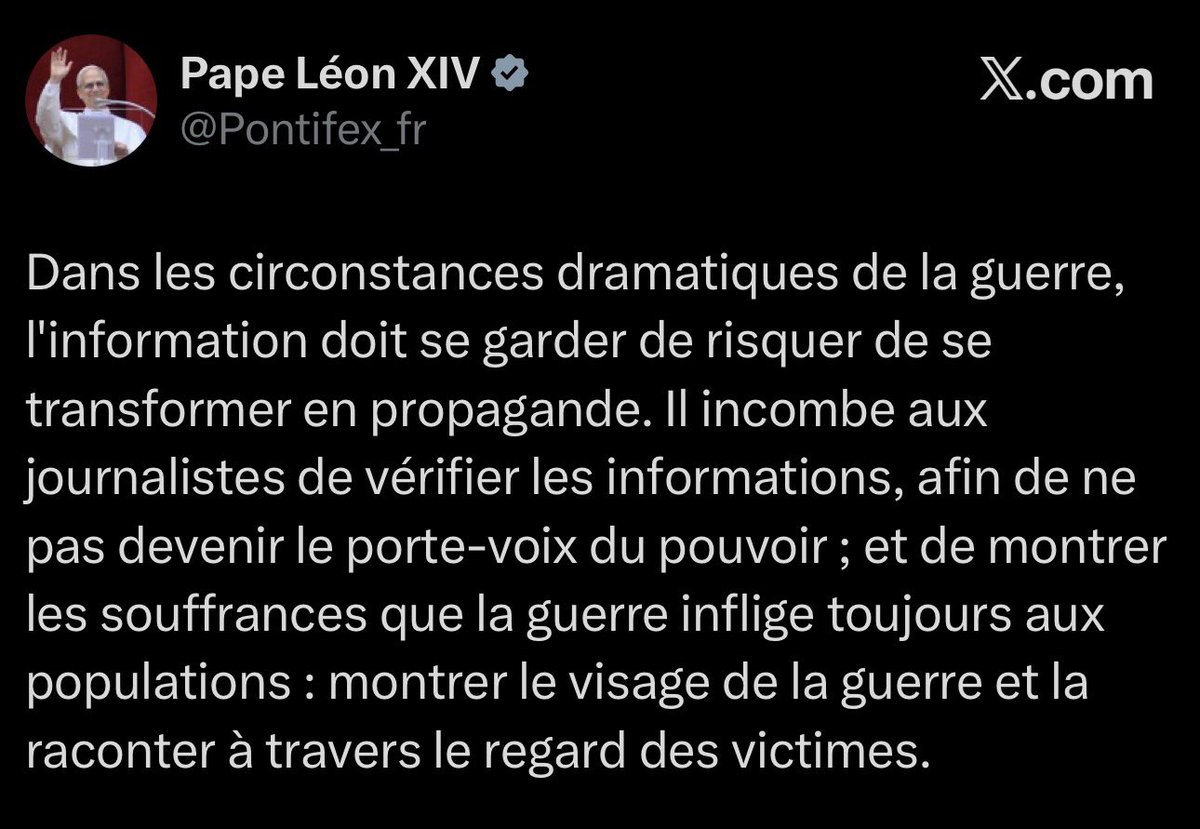 🚨 📺 🇻🇦 ALERTE INFO :  Devant la propagande médiatique pro-israélienne, le pape interpelle directement les journalistes :

« Dans les circonstances dramatiques de la guerre, l'information doit se garder de risquer de se transformer en propagande. Il incombe aux journalistes de