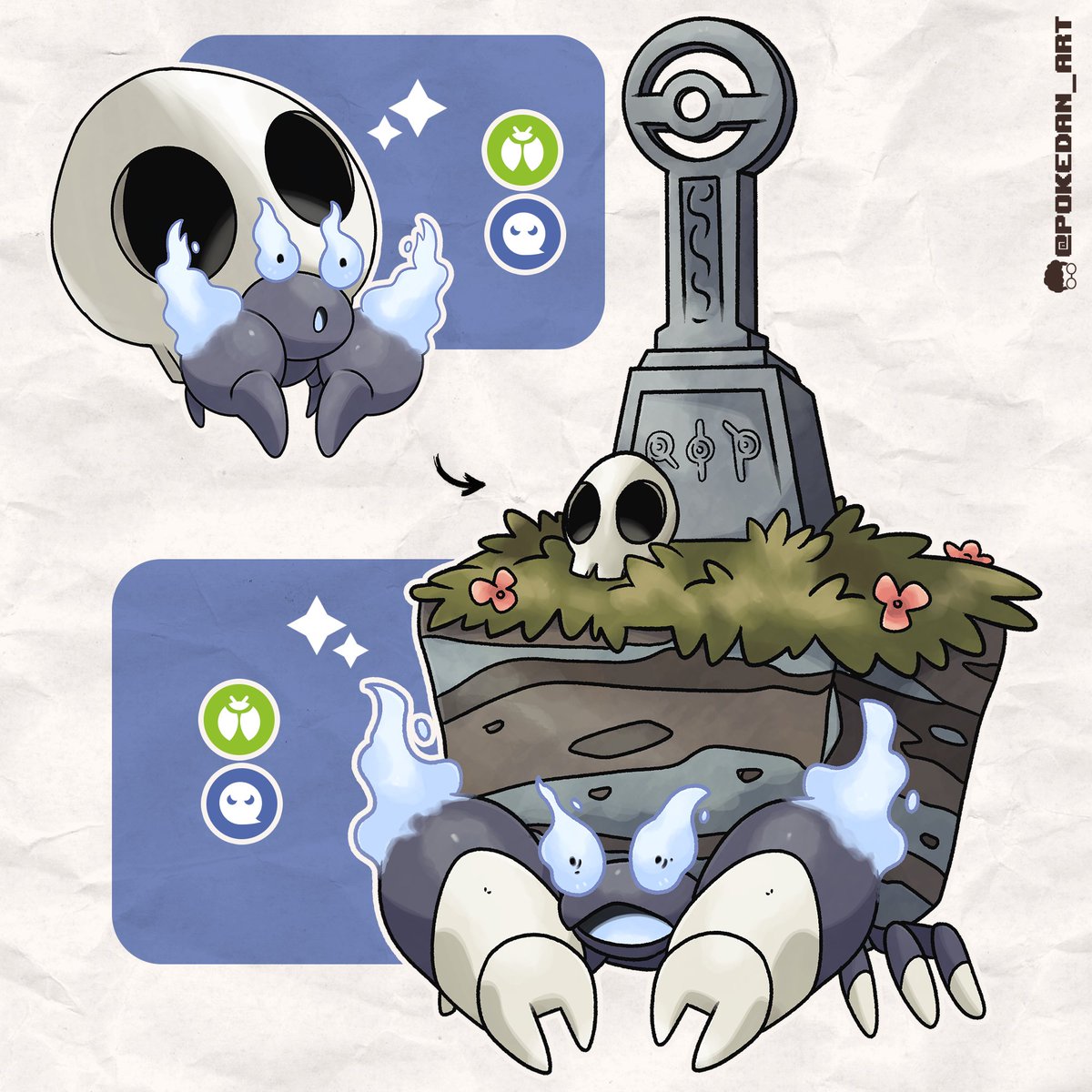 Regional Dwebble and Crustle! 🦀💀🪦 
These Pokémon are almost always seen wandering in cemeteries. Their spectral glow can scare people at night! 👀

Now available for adoption!

#Pokemon #Fakemon #Art