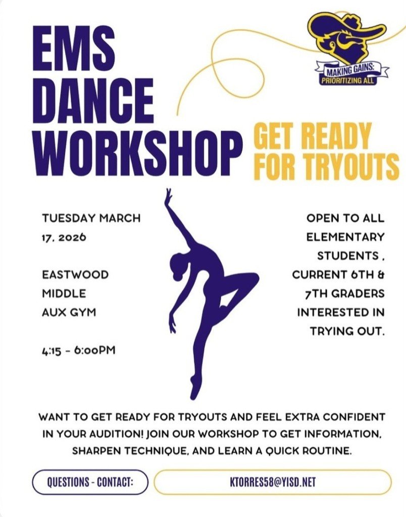 EMS_Raiders's tweet photo. If you are interested in trying out for dance, there will be a dance workshop on Tuesday afterschool. This is great opportunity to prepare for your audition! Please contact Ms. Torres if you have any questions. #MakingGainsPrioritizingALL https://t.co/uUMSScOKGc