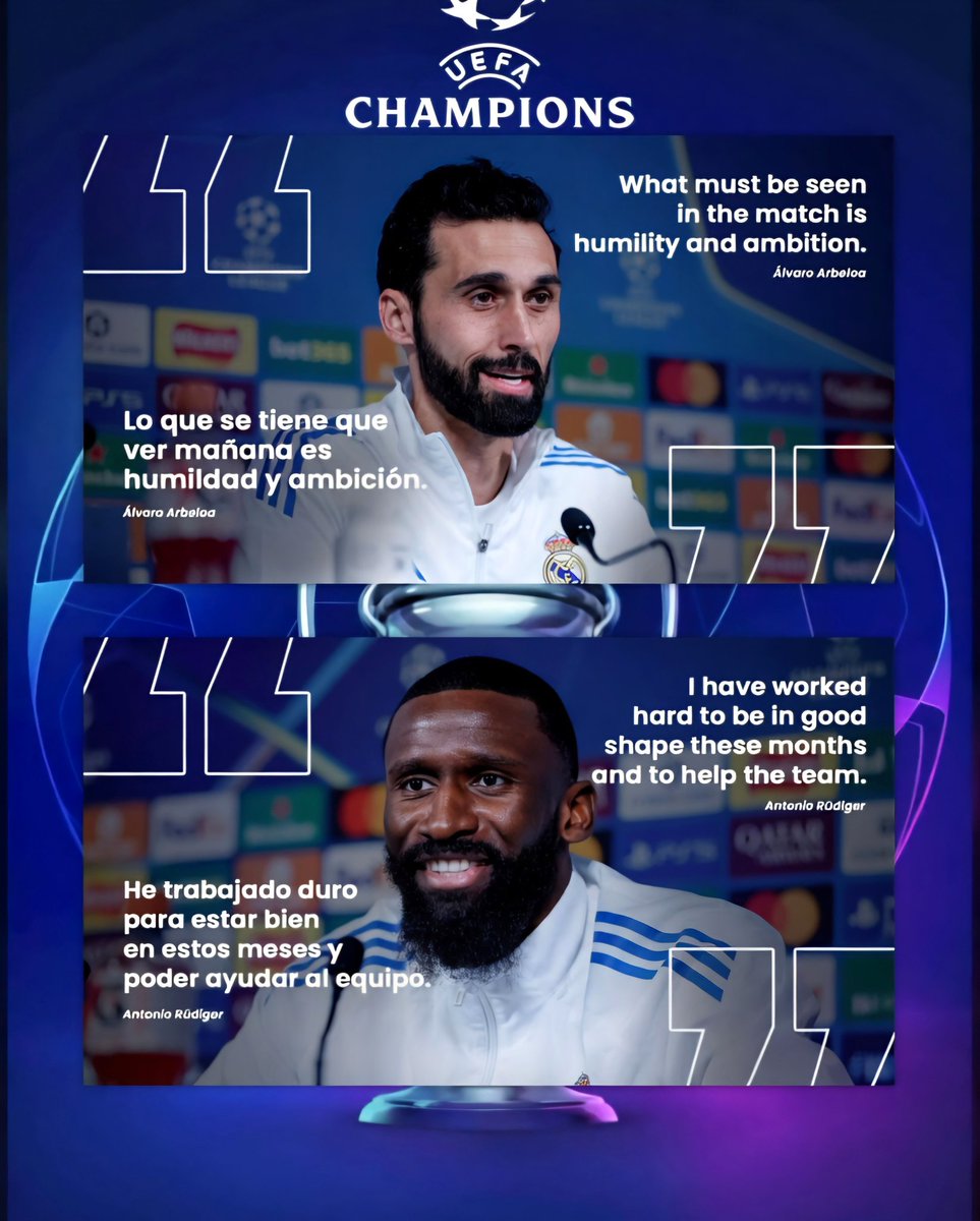 RMCFTeamUp's tweet photo. 👔 Álvaro Arbeloa 👔
🎙️ Antonio Rüdiger 🎙️ 
📺 Press conference | Rueda de prensa
➡️ #RMPlay ⏩🔗 https://t.co/mVeaDEHCAp

🏆┃🌐 @ChampionsLeague

⏩🔗 https://t.co/PFrHIfQlel
🔷🔹🔷🔹🔷🔹🔷🔹🔷🔹🔷 https://t.co/55oftgyffh