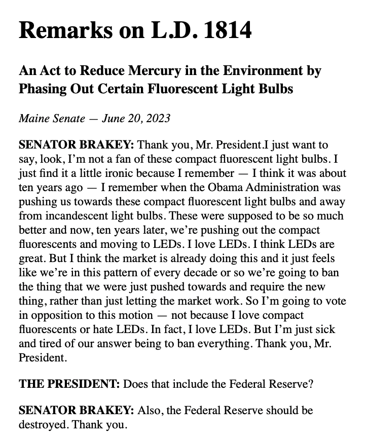 EricBrakey's tweet image. Never forget to #EndTheFed.

I am sifting through old Maine Senate journals and finding a few humorous exchanges.