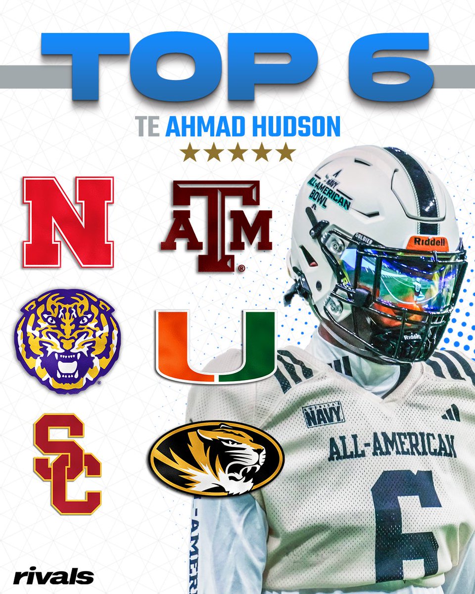 Rivals's tweet photo. 🚨NEWS🚨 5-star TE Ahmad Hudson is down to Nebraska, Miami, LSU, Missouri, USC and Texas A&amp;M, @samspiegs reports‼️

Read: https://t.co/hoqF5uob4k https://t.co/1ohNu1sT5I