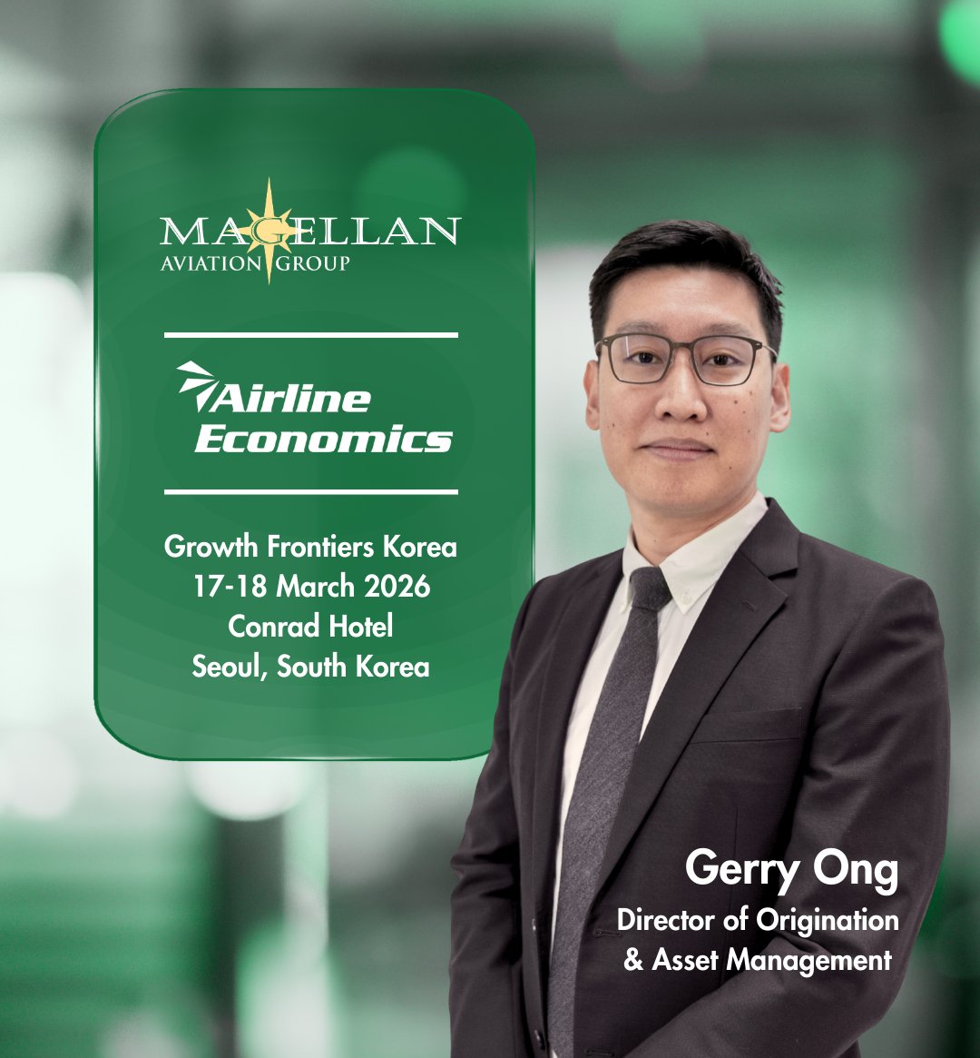 magellanav's tweet photo. Magellan Aviation Group will be attending Airline Economics: Growth Frontiers Korea this week in Seoul.

Our Director of Origination &amp; Asset Management, Gerry Ong, will be on site connecting with airlines, lessors, and industry partners to discuss engine and asset portfolios. https://t.co/2TPUWOqOtq