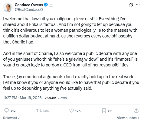 TheMilkBarTV's tweet photo. Candace Owens unironically telling @SethDillon that Erika Kirk is reversing “every core philosophy that Charlie had.”

The same Candace who’s been on a mission the past six months to convince the world that Charlie Kirk:

-Had converted from being a Protestant to a Catholic.
-Went from pro-Israel to anti-Israel.
-Went from pro-Trump to being killed for turning against Trump.
-That his life’s work, TPUSA, was in fact rotten to its core.
-Thought he was in a loving marriage when in fact he was being played by his wife.

She also calls Erika Kirk a pathological liar. As always with narcissists, everything is projection.