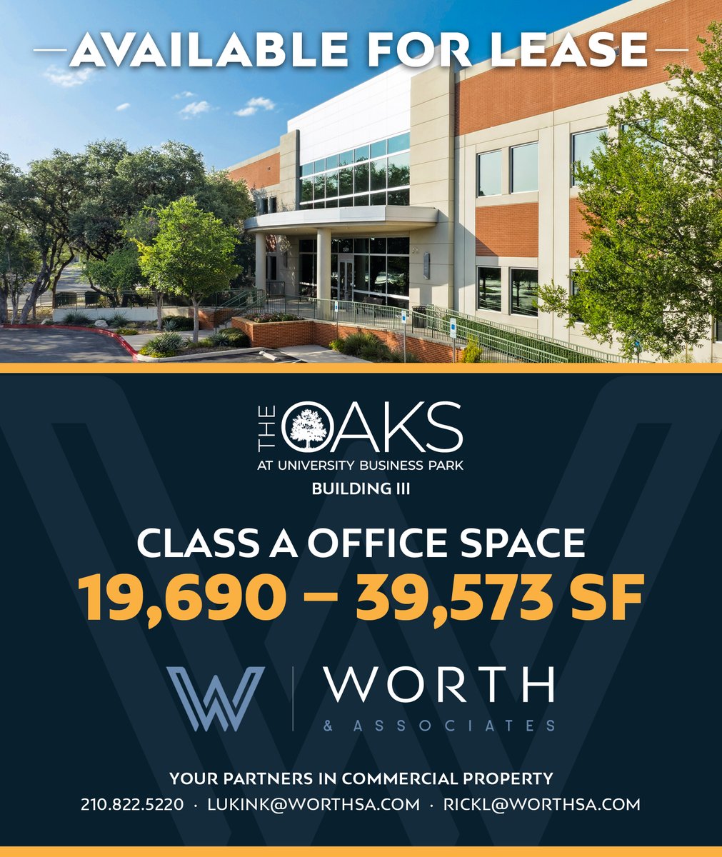 SAReport's tweet image. Sponsored: The Oaks at University Business Park III offers up to 39,573 SF of Class A office space. Features include gated entry, scenic pond and walking trail, conference facilities &amp;amp; prime NW San Antonio location. Visit WorthSA.com. #CommercialRealEstate