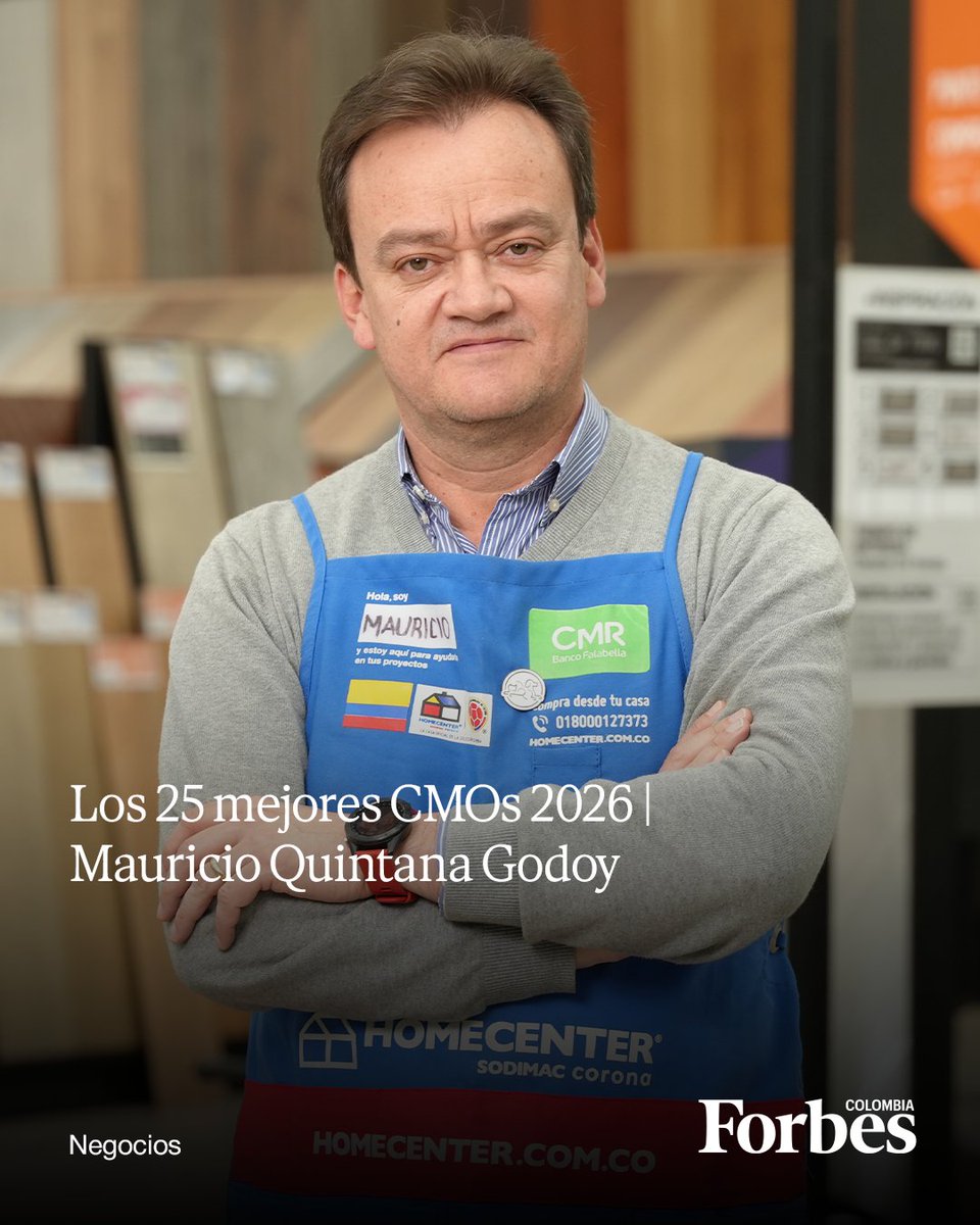 forbescolombia's tweet photo. ¡Los 25 mejores CMOs 2026! Mauricio Quintana Godoy, Gerente de Marketing de Homecenter, con más de 25 años en la empresa, ha sido uno de los protagonistas de la consolidación de Homecenter y Constructor como referentes. 👉https://t.co/oVTeF3PHtA https://t.co/8d1jH0uGpe