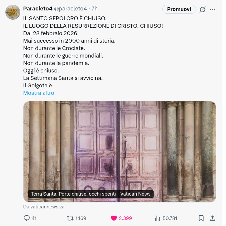 paracleto4's tweet photo. 50.000 visualizzazioni in poche ore.

Il Santo Sepolcro è chiuso. Il mondo lo sa adesso.

Cristiani da ogni angolo della terra si sono uniti stanotte.

Dall'Italia. Dall'America. Dal Giappone. Da ogni dove.

"Le porte sono chiuse. E il mondo tace."

Ma voi non avete taciuto.

Grazie. Continuate a condividere.
@paracleto4 🙏