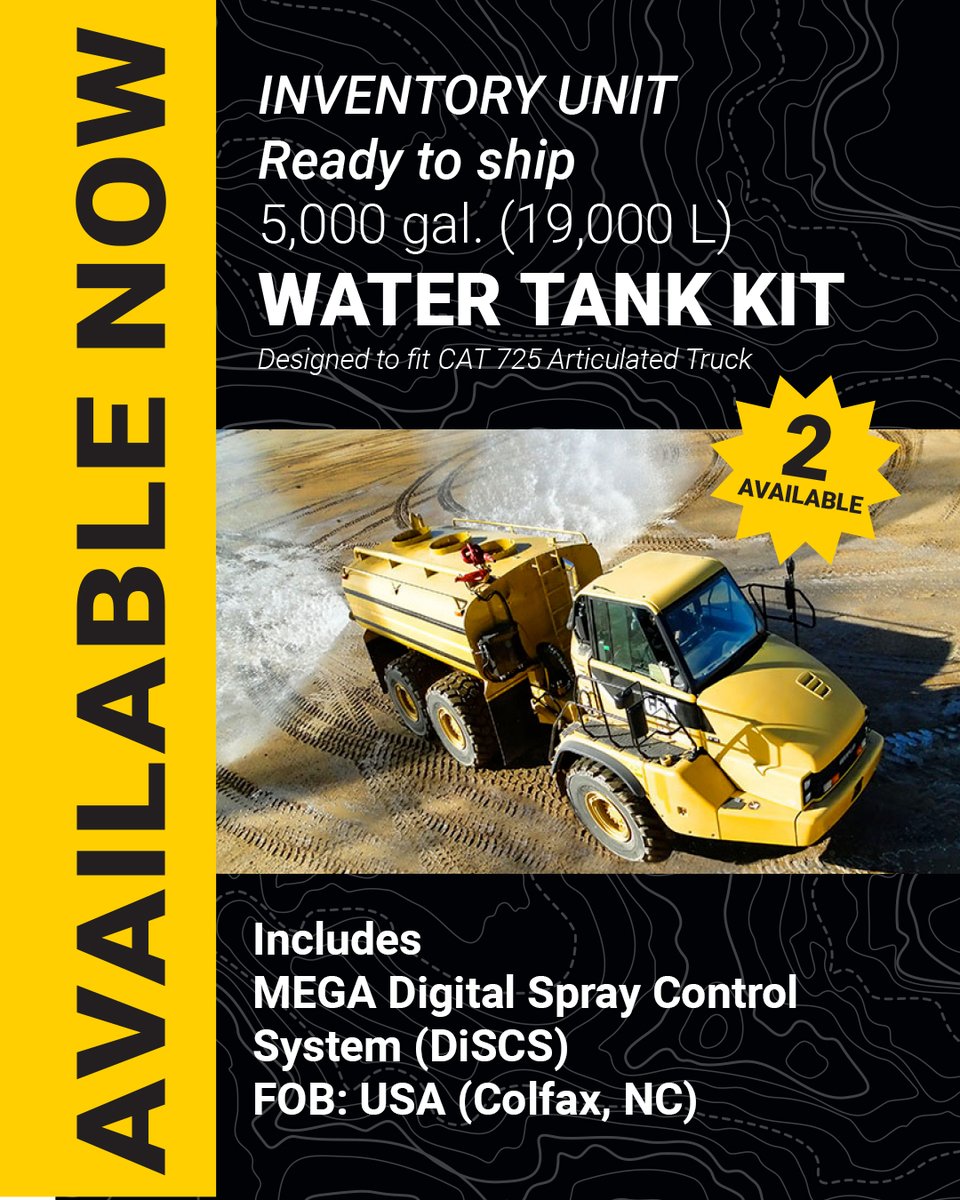 MegaCorpWW's tweet photo. Mega 5,000 gallon Water Tank Available Now!

Engineered to fit the CAT 725 Articulated Truck. See available inventory-https://t.co/VZaro4CSza

#groundforceworldwide #GenuineMega #americanmade #builtforit #caterpillar #mining #heavyequipment https://t.co/3ZovPhNhO8