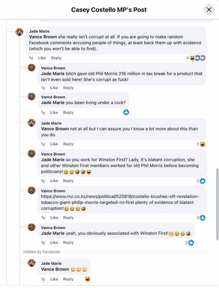 Post appears to show Jade Paul, Hipkins' ex, defending Casey Costello last year - even as the NZ Ombudsman criticized Costello for breaking the law, Costello copied &amp;  pasted tobacco lobbying notes into Ministerial docs, &amp; NZ First gave $300m in tax breaks to Philip Morris