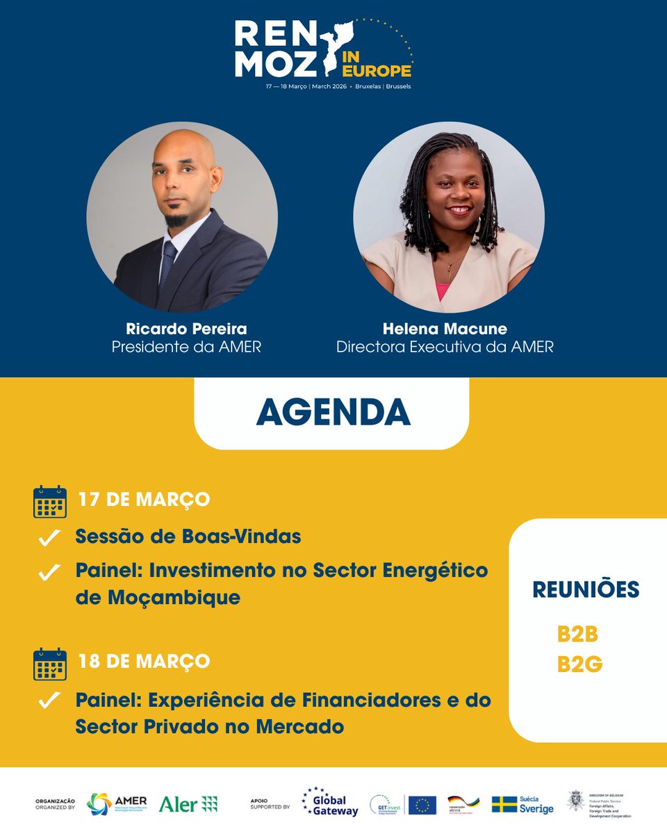 📢 RENMOZ in Europe starts in a few hours!

AMER joins the Mozambican delegation in Brussels for 2 days of dialogue, project showcases, B2B/B2G meetings and investment mobilisation for renewable energy in Mozambique.
🔎 gqr.sh/Qu6c
🤝 gqr.sh/en2p

#RENMOZ